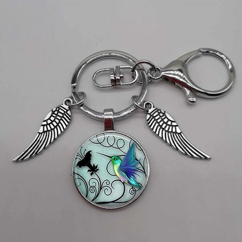 Подвеска ручной работы из голубого стекла с колибри выпуклое кольцо для ключей