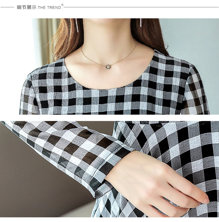 Осень Новое поступление размера плюс высокое качество элегантное женское шифоновое длинное платье с круглым воротником в клетку