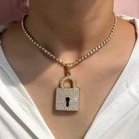 flatfoosie punk crystal lock pendant necklace for women gold silver color shiny rhinestone tennis chain necklace hip hop jewelry
