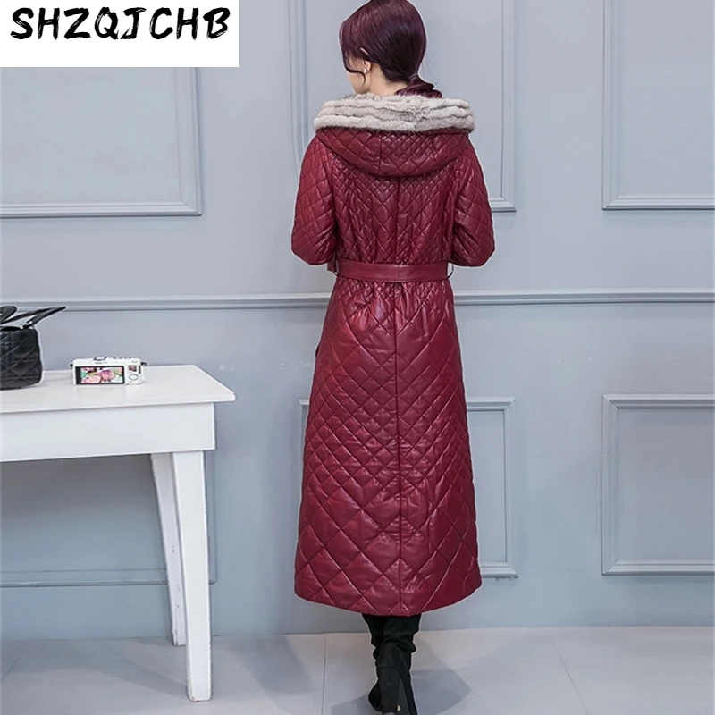 

JCHB 2021 Women's Leather Down Jacket Winter Coat Female Fur Collar Hooded Jackets Women Long Parkas Jaqueta De Couro WXF282