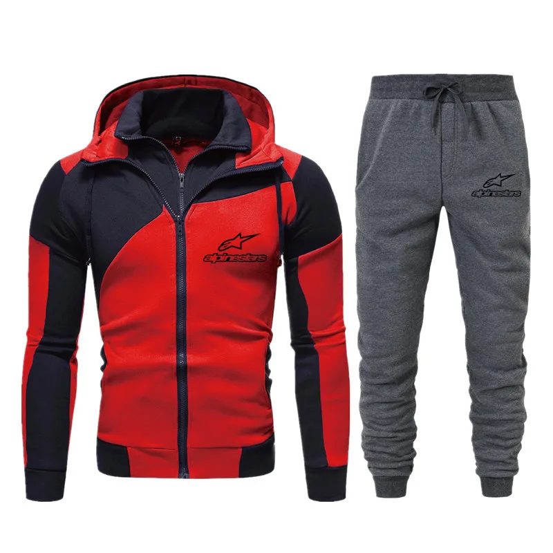 

Men's casual mixed color slim fit fashion printed zipper Hoodie + pants, spring and autumn outdoor locomotive sports suit