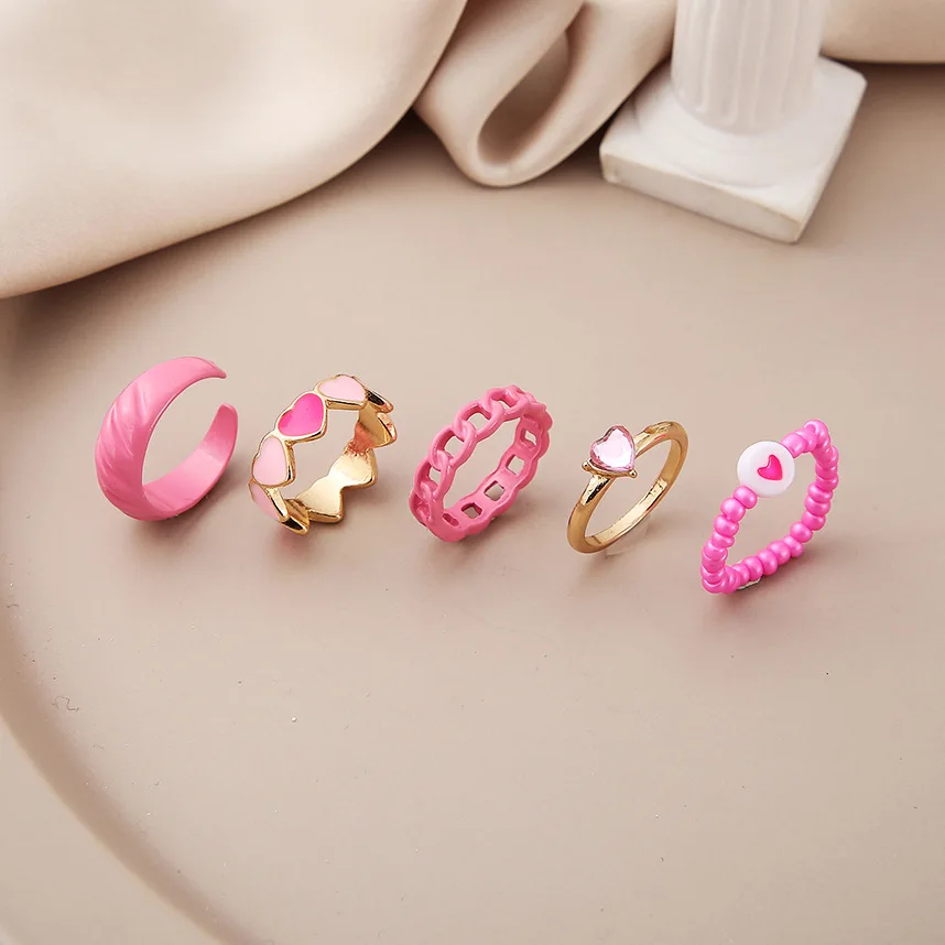 

Hot Sale Inlaid Rhinestone Peach Heart Ring Wholesale Creative Sweet Tai Chi Love Drop Oil Ring 6-Piece Set