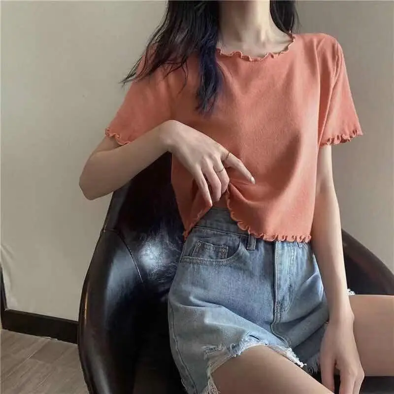 

Summer 2021 new Korean Short Sleeve T-shirt with Auricularia auricula edge curling
