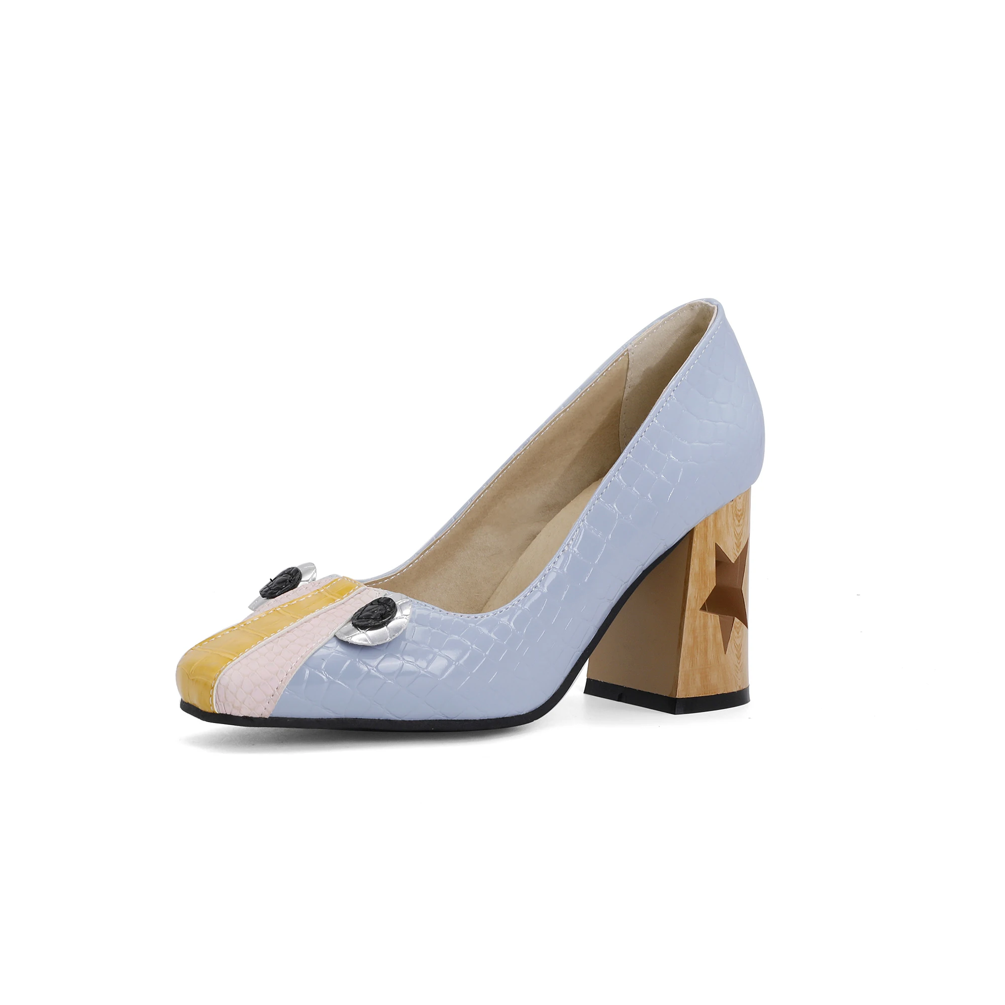 

YMECHIC 2021 Spring/summer Women's Shoes Woman 8cm Heels Soft Pu Square Toe Sexy Women Pumps Slip-on Sticker Free Yellow/blue