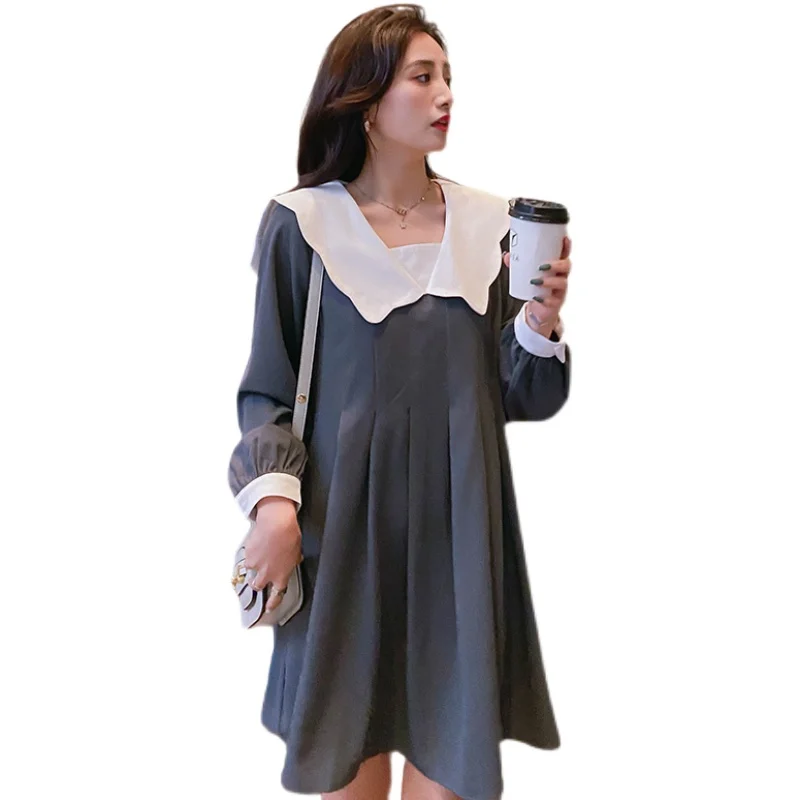 

Korean Fashion Maternity Dress Sweet Lace O Neck Pleated Loose Clothes for Pregnant Women Pregnancy Factory