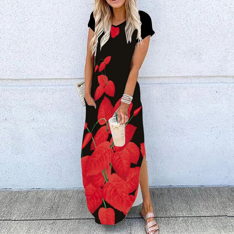 

2021 Summer Plus Size Ladies Long Dress V-Neck 3D Printed Flower Dress Women's Clothing Fashion Pullover Maxi Split Ends Dresses
