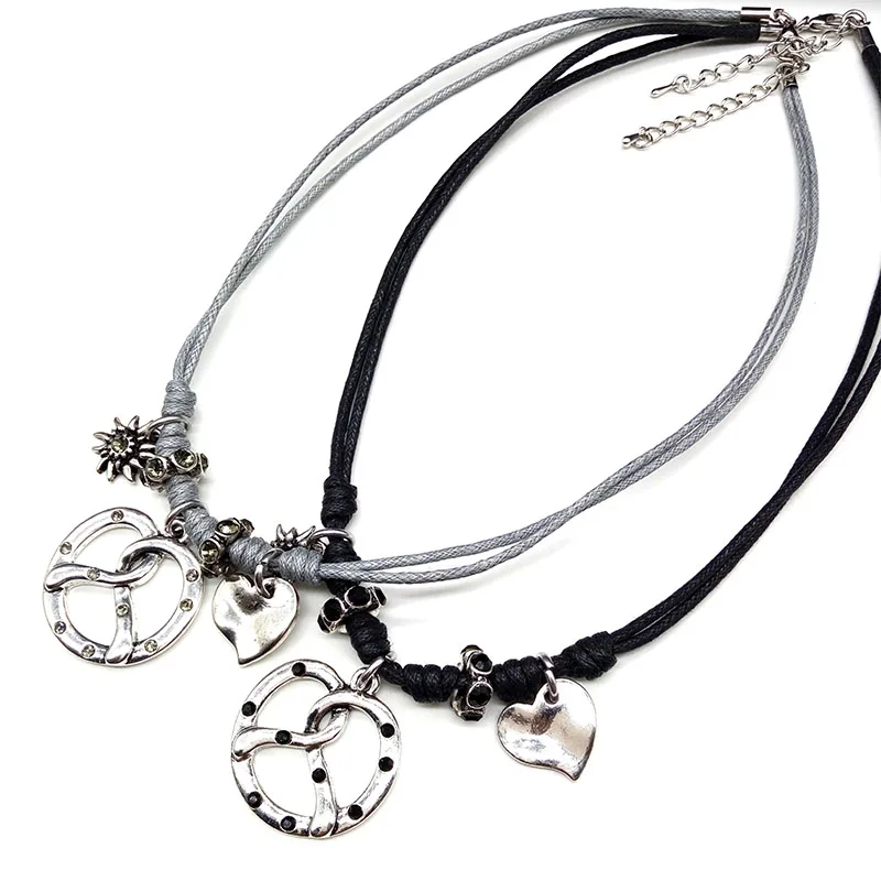 

New Vintage Beautiful Pretzel Edelweiss Heart Silver Charm Necklace Women Oktoberfest Fashion Handmade Necklace Gift Jewelry