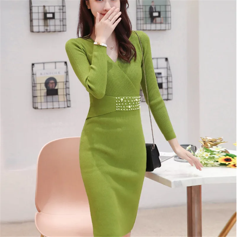 Модное осеннее трикотажное платье женские свитера платья с поясом стрейчевое