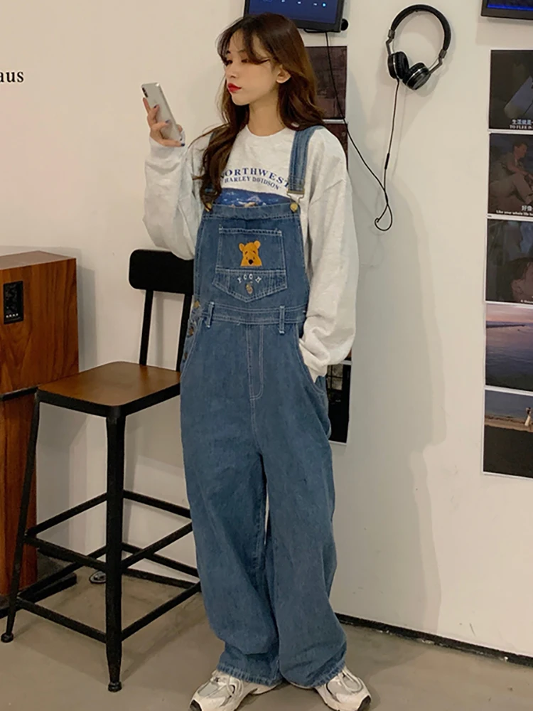 

New Girl Childlike Cute Overalls Cartoon Embroidered Bear Denim Jumpsuits Female Loose Retro Regular Mujer