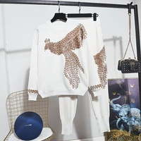 black white red beading sequins phoenix knit tracksuit set women loose casual pullover sweater pencil pants outfits female 2pc