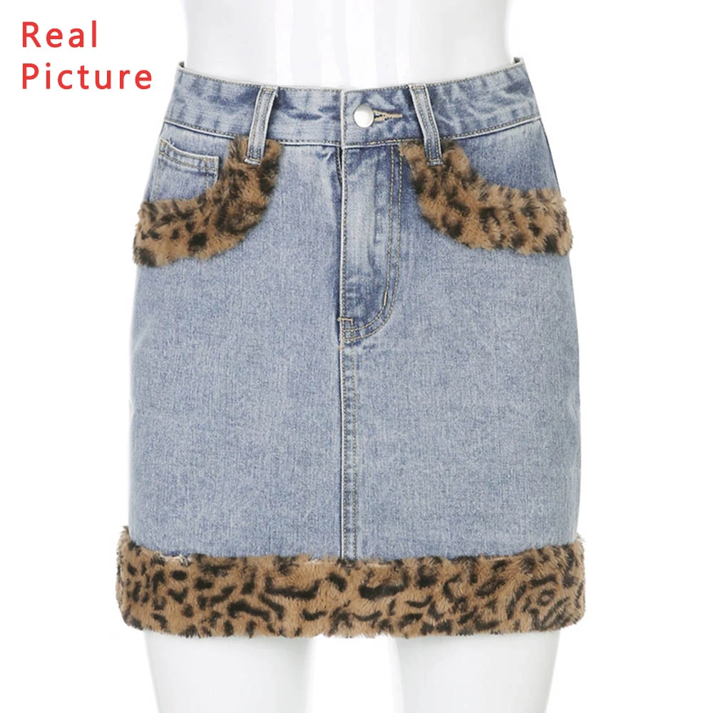 

Missnight Mini Skirt Leopard Fleece Trim Bodycon Zipper Fly Jeans Skirt Pockets High Waisted Demin Skirt Streetwear Vintage