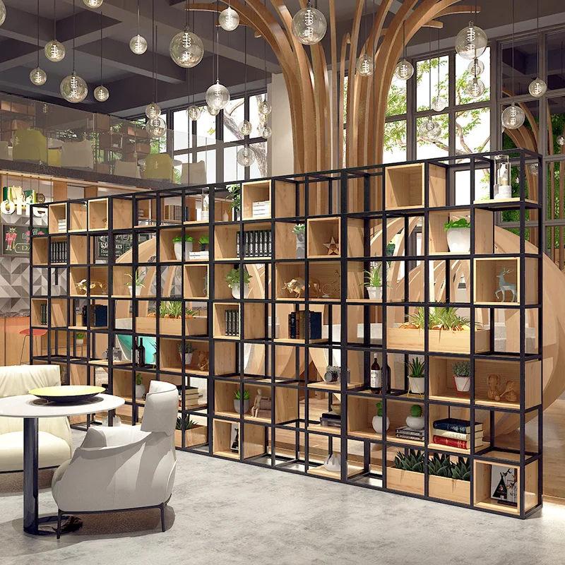 

Bookshelf ground solid wood living room office, wrought iron shelf industry wind partition screen is multilayer reveal frame\