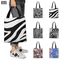 new zebra pattern canvas tote bag with zipper female shopping shoulder bag school bag reusable grocery bag eco large capacity