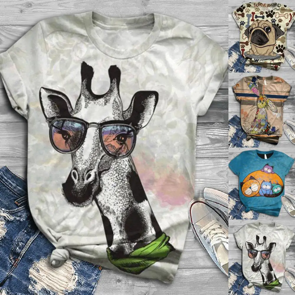 Женская футболка с короткими рукавами модная 3D-принтом животных и круглым