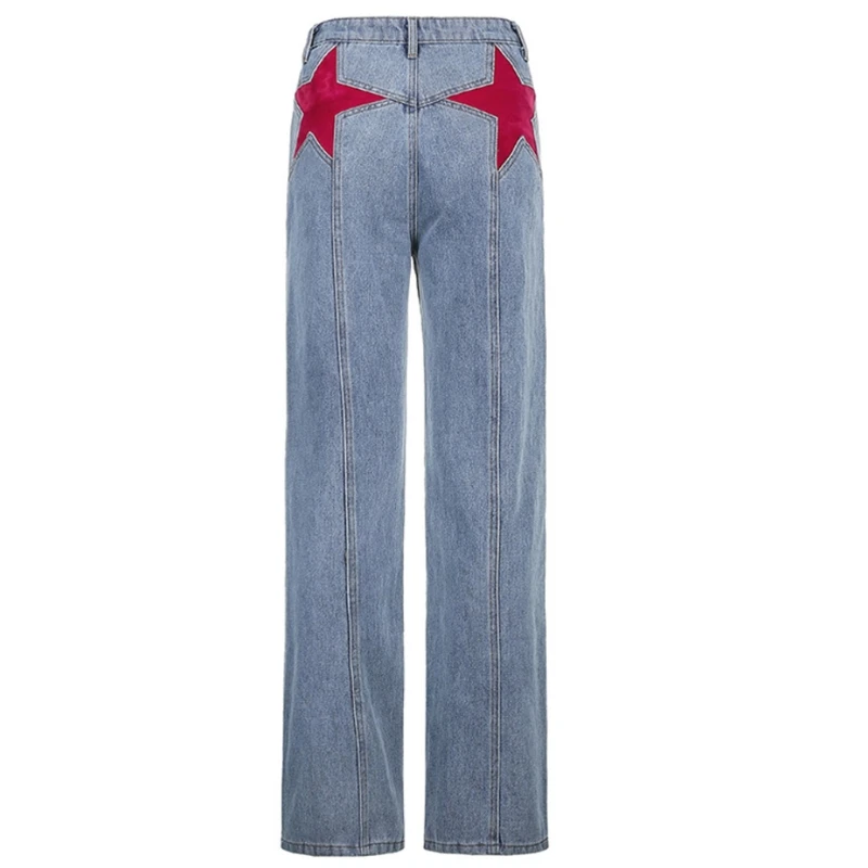 

Women Vintage Star Patchwork Flare Jeans Mid Waist Bell Bottom Striped Denim Pants Harajuku Casual Slim Fitting Trousers