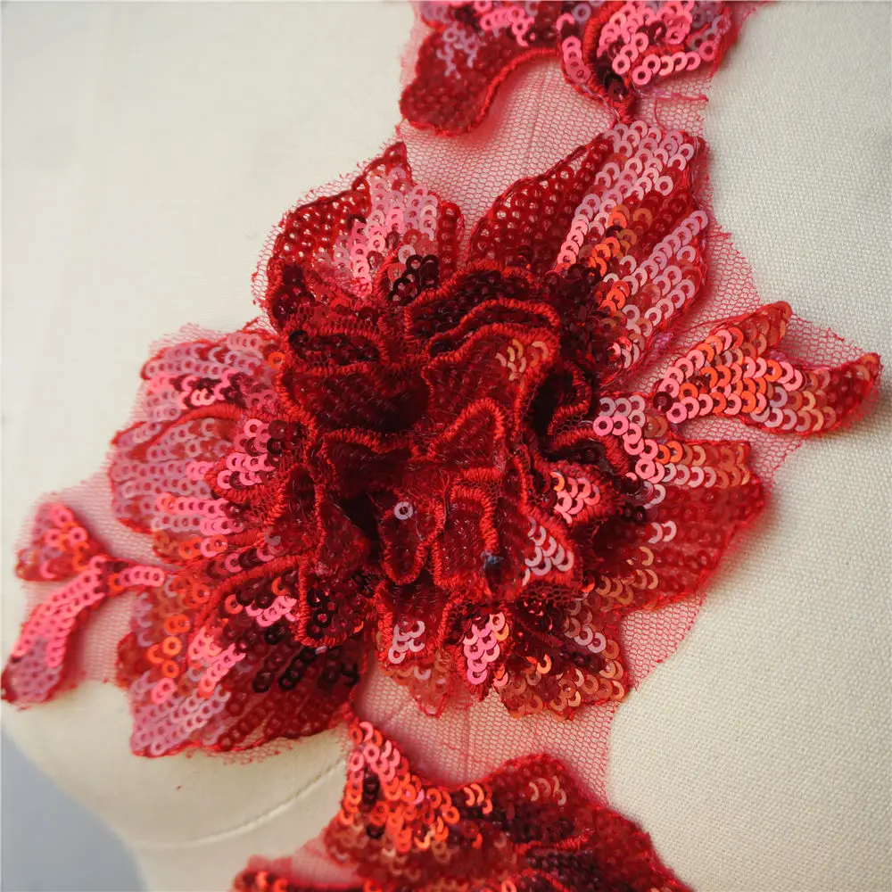 Красный цветок блесток кружева ткань воротник вышитое платье Аппликации сетки