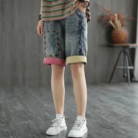 women summer fashion vintage embroidery ripped contrast color patchwork half sleeve high waist denim casual female chic shorts