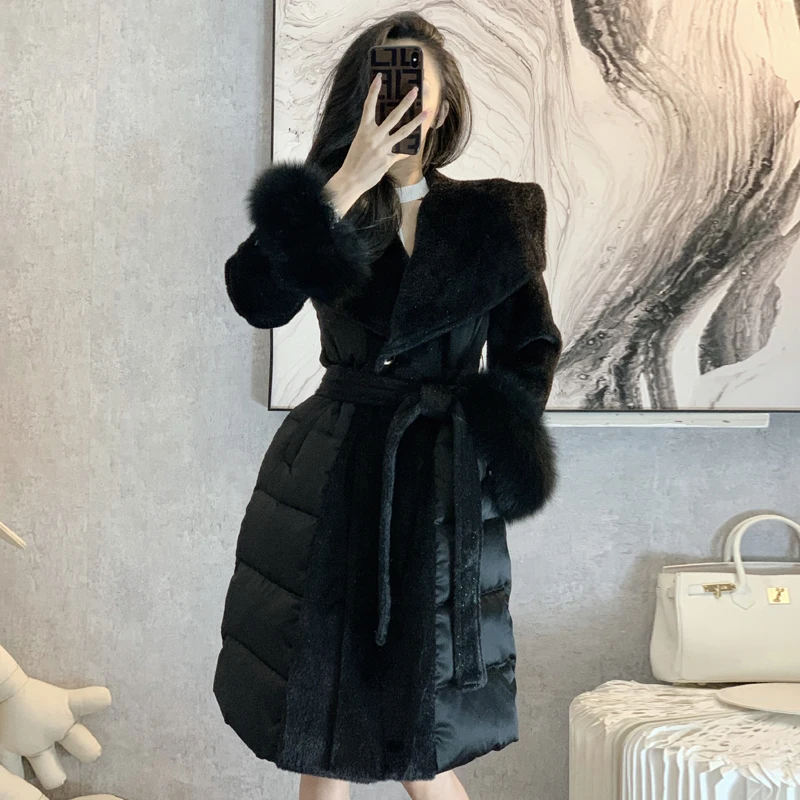 Popular White Big Fur Collar Woolen Patchwork White Down Jacket Women Winter Coat Fashion Belt Waist Long Down Jacket OverCoat