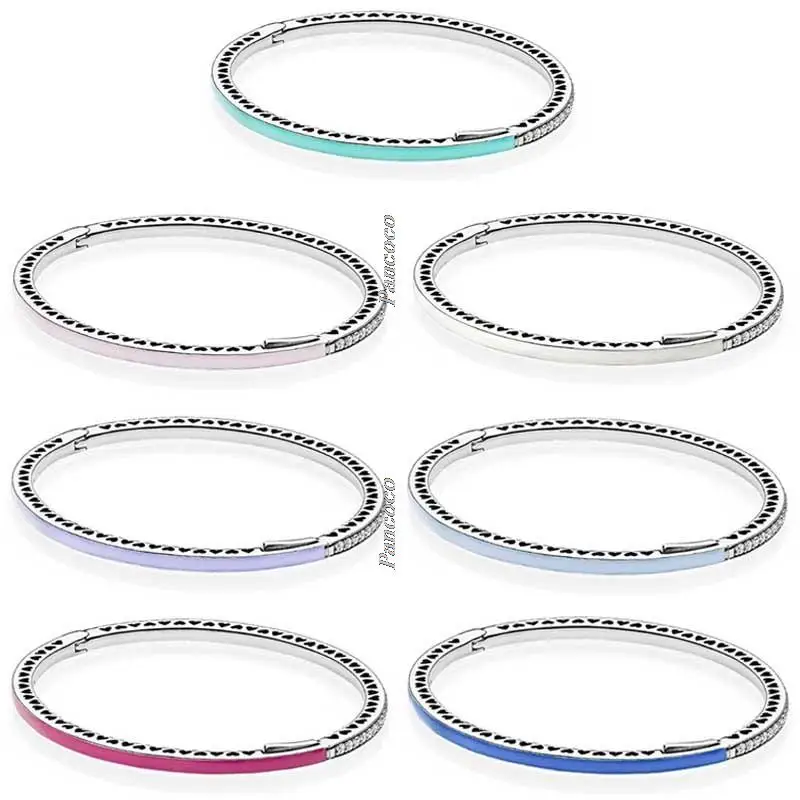 

Authentic 925 Sterling Silver Bangle Enamel Radiant Hearts With Cubic Zirconia Bracelet Fit Women Bead Charm Fashion Jewelry