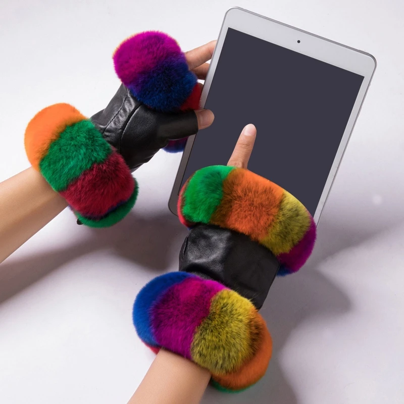 

Womens Winter Artificial Leather Half Finger Gloves with Colorful Fluffy Plush Trim Outdoor Driving Thermal Fingerless Mittens H