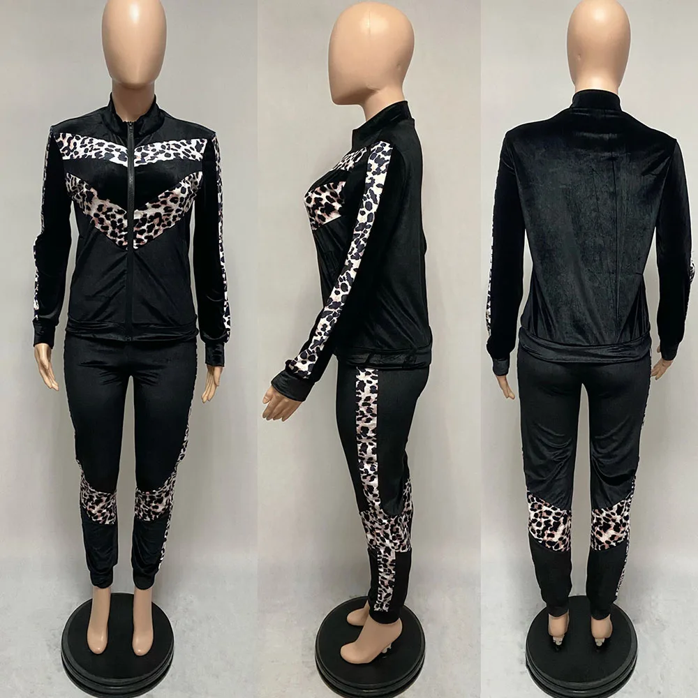 

2020Autumn Winter Velvet Womens Tracksuit Set Jogger Two Piece Set Pants And Top Leopard Patchwork Night Club Outfits Sportswear