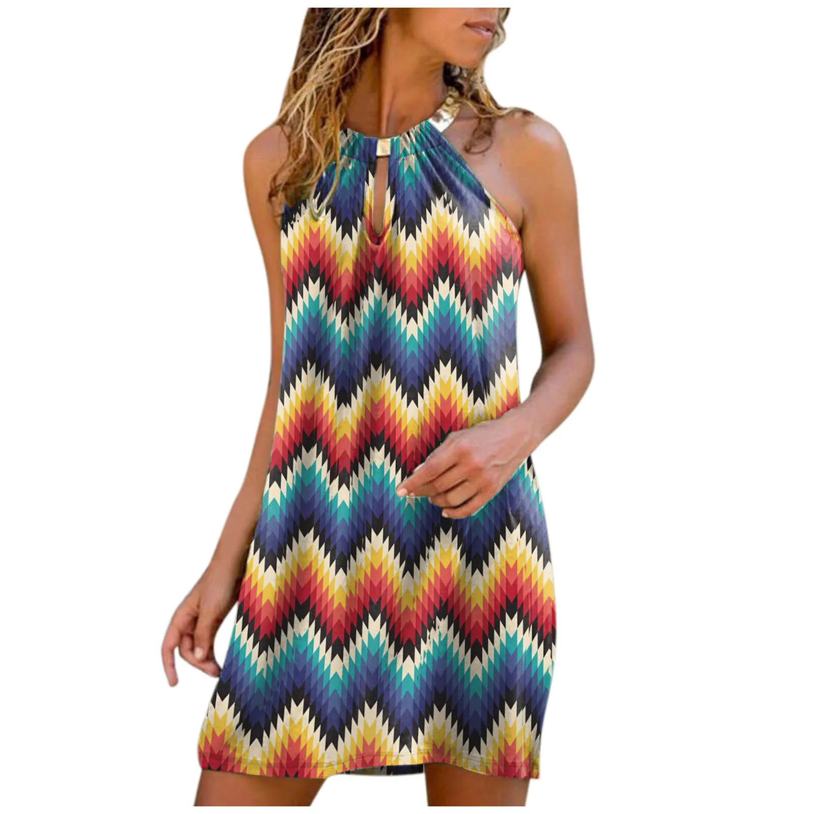

2021 Fashion Women's Summer Casual Metal Hanging Neck Printed Strapless Dress Leisure o-collar Dress and skirt #g