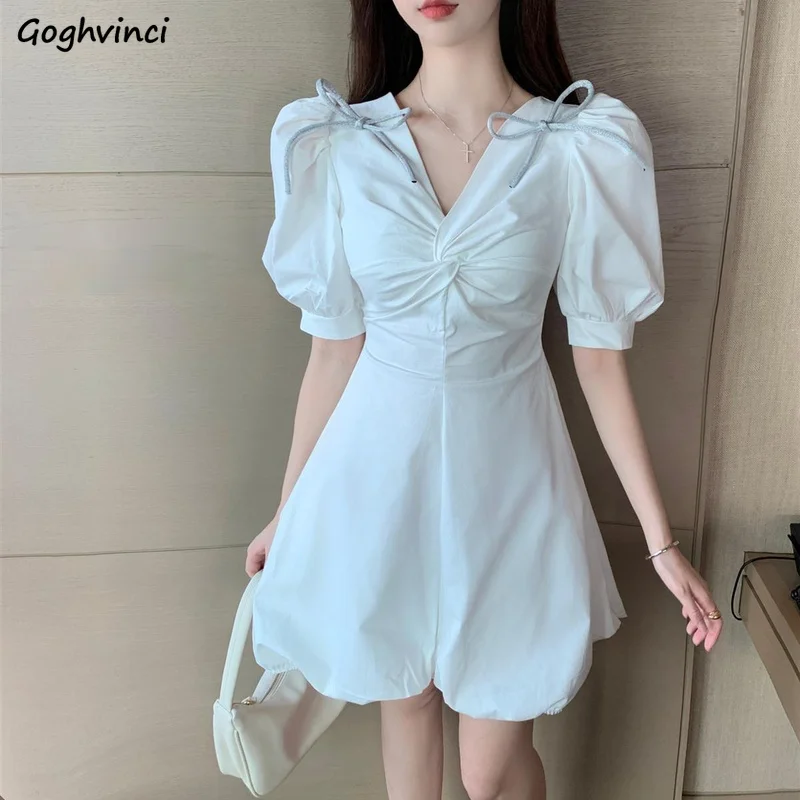 

Платье женское Плиссированное с коротким рукавом, однотонное, в Корейском стиле, с V-образным вырезом