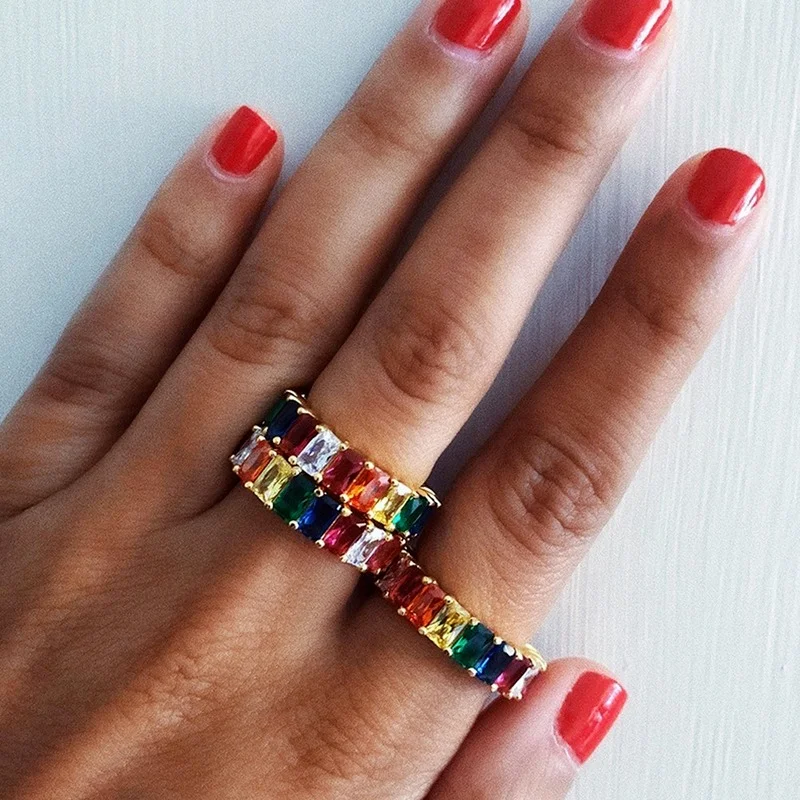 

XUFAN Rainbow Crown Ring Micro Sun Flower Ring Party Gift Couple Charm Lady Jewelry Inlay Wedding Beautiful Zircon Accessories