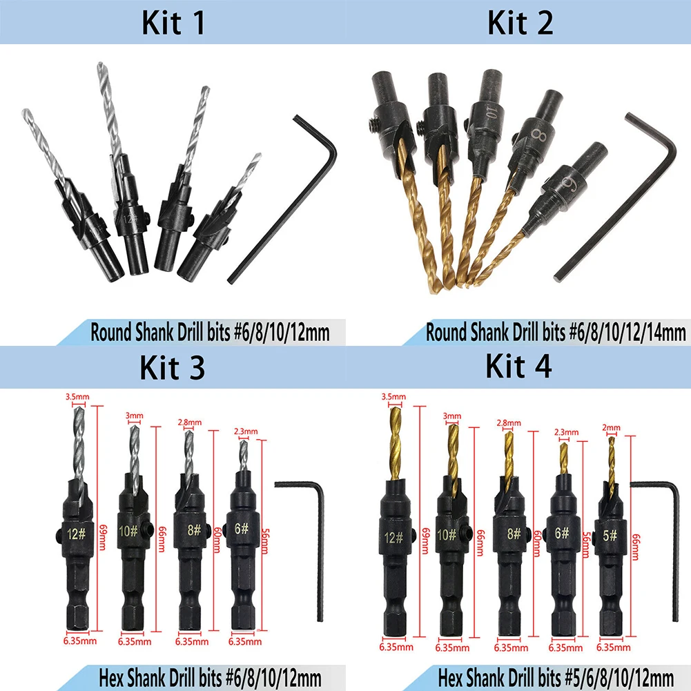 

4/5pcs Set HSS Drill 4241 Woodworking Countersink Drill Bit Set 1/4 Quick Change Hex Shank Round Shank Drill Hex Wrench Tools