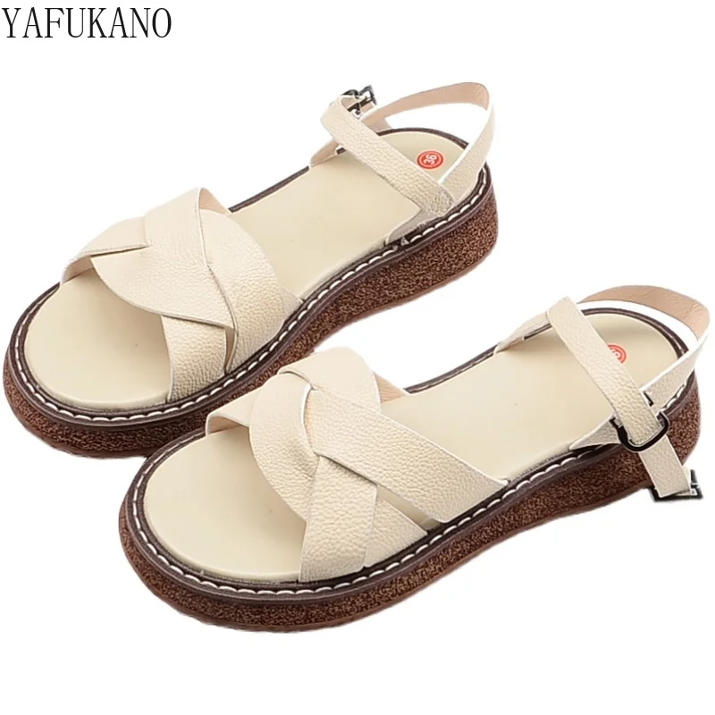 

Mori Girl Literary Retro Peep Toe Sandals Fashion Flat Open Toe One Word Buckle Roman Shoes Thick Sole Casual Gladiator Sandals