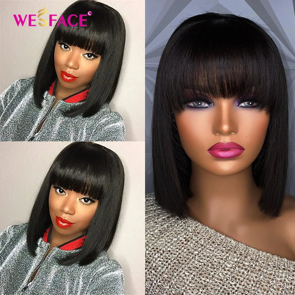 Straight Short Bob For Black Women Machine Made Short Bob Wig With Bangs Natural Black Color Remy Hair Brazilian Human Hair Wigs