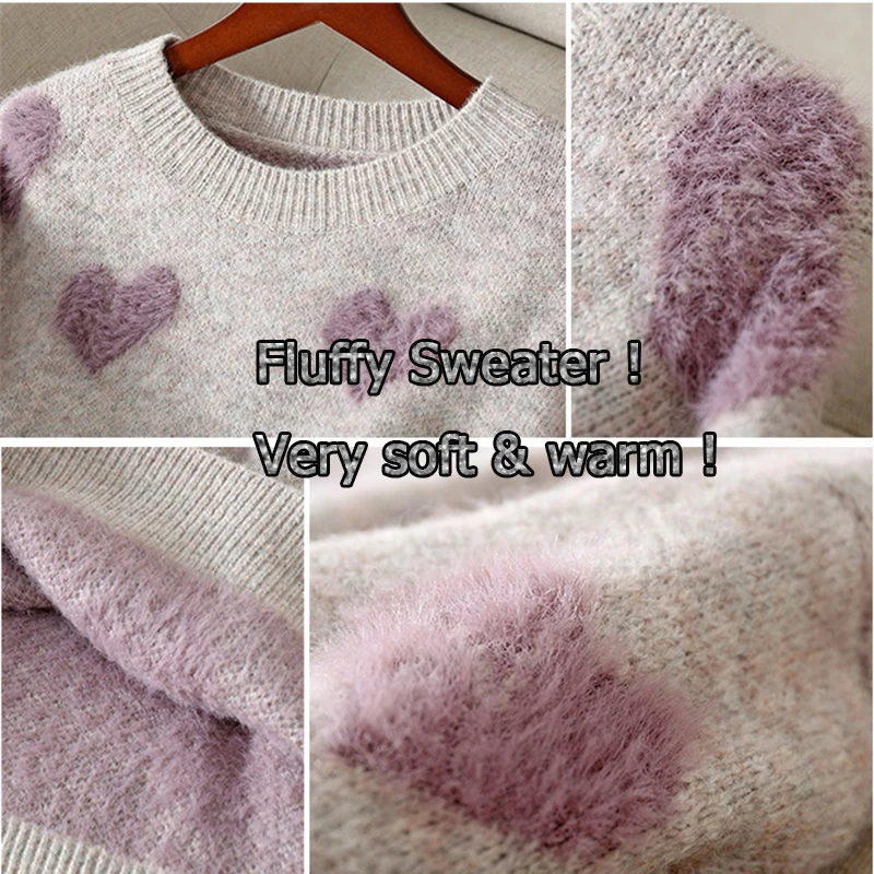 

Heart Pattern Knit Pullover Oversized Sweater Women Jumper 2021 Winter Soft & Warm Cute Long Sleeve Fluffy Knitwear Female