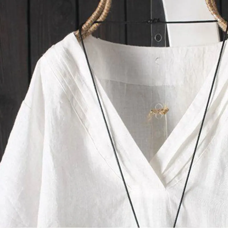 

Summer Women Tshirt Plus Size Short Sleeve Casual Loose V-neck Tee Shirt Irregularity Vintage Cotton Linen Tops