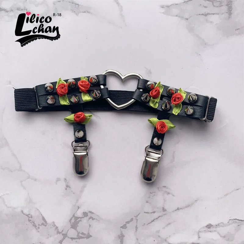 A Pair HEAVEN'S ROSE Punk Garter Belt Rivets Leg Ring Thigh Harness Heart Black PU Leather Vintage Suspenders Women Body Jewelry