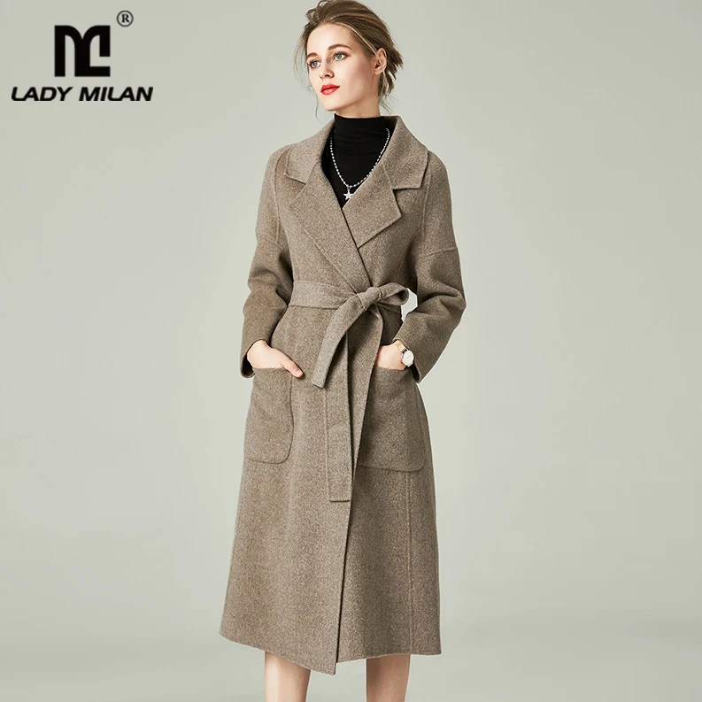 

Women's Runway Winter Coats Turn Down Collar Long Sleeves Sash Belt Double Cashmere Wool Elegant Fashion Overcoat Outerwear