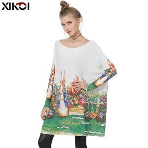 Женское трикотажное платье-свитер XIKOI с изображением милого кролика, зимние теплые шерстяные пуловеры с воротником-лодочкой, женский джемпер с животным принтом, новинка