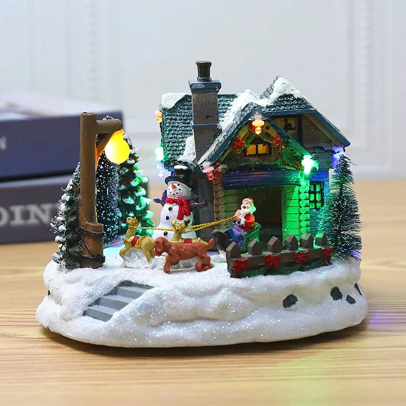 Snow Scene Music House LED Light Up Small Village House Snowman Luminous Hut for Home Christmas Ornaments Resin Christmas Gift