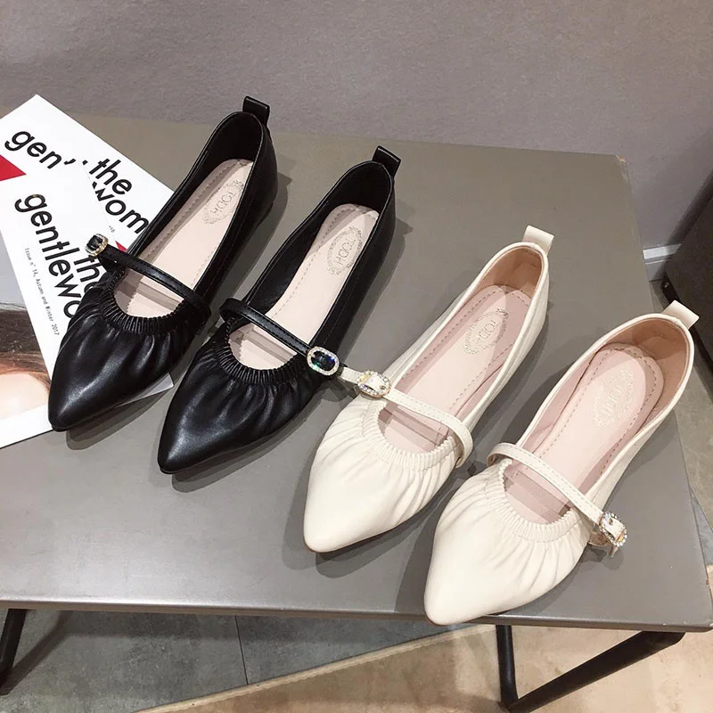 Buckle Crystal Strap Flats Woman Pointed Toe Grandma Shoes Women Pleated Elastic Band Loafers Comfy Soft Bottom Moccasins Femme
