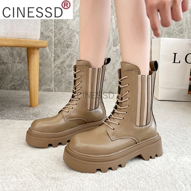 

New Fashion Women Ankle Boots Platform Chunky Heels Motorcycle Boots Women Casual Lacing Boots 2022 Fashion Set Foot Short Boots
