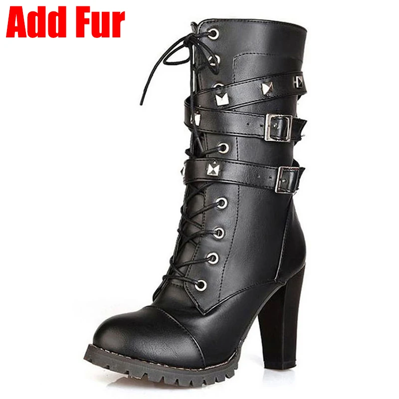 black add fur 1 ALLENLYNN/женские мотоциклетные ботинки; ботильоны в западном стиле; женская обувь; женские осенние ботинки на высоком каблуке с пряжкой; Размеры 33-48 - Цвет: black add fur 1