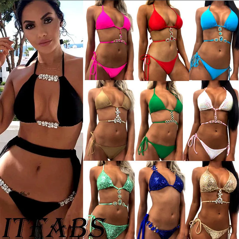 Женское сексуальное бикини 2019 с кристаллами Стразы купальник блестящими