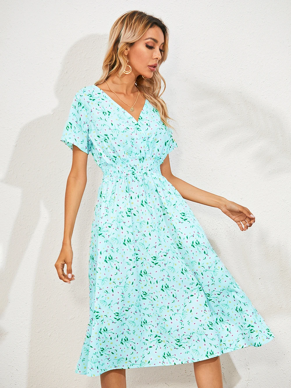 

Womens Floral Print Elastic Waist Maxi Dress Short-Sleeved Bohemian Casual V-Neck Beach Dress Sundress Flare Skirt