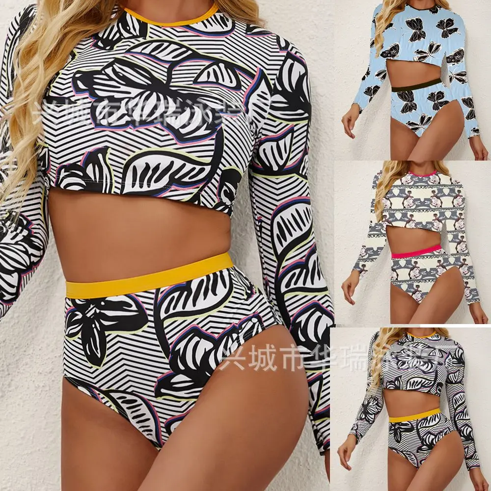 

2021 New Bikini Split Print Bikini Sexy High Waist Large Size Conservative Women's Swimsuit Multicolor Bikini Set 2 Piece Set