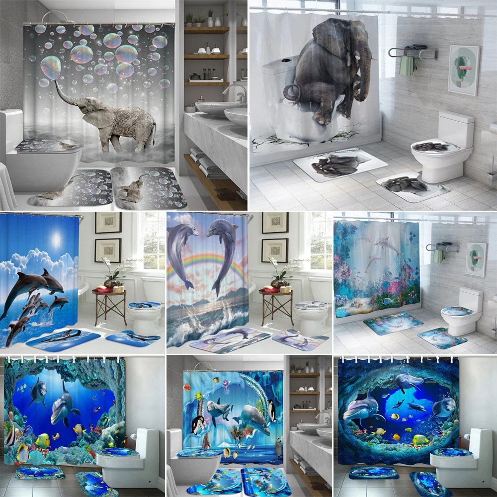 Koop 3D Olifant Print Badkamer Sets Oceaan Dolfijn Diepzee Douchegordijn Met 12 Haken Voetstuk Tapijt Deksel Wc Cover Bad Mat Set