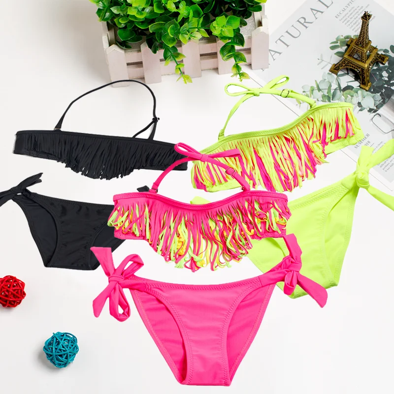 

Kids Girls Summer Swimwear Bikini Set 2020 Fashion Children Girl Halter Tassles Bra+Lace-up Shorts 2Pcs Beachwear Age 5-14Y