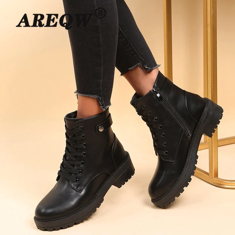 

Женские мотоциклетные ботинки на платформе, Черные ботильоны из искусственной кожи на толстой подошве с круглым носком, со шнуровкой, осень...