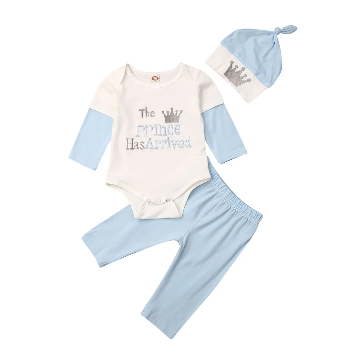 Toddler Baby Boy Letters Romper+Pants+Hat Suit Newborn Prince Has Arrived Bodysuit Trousers Crown Outfits Set 3Pcs |