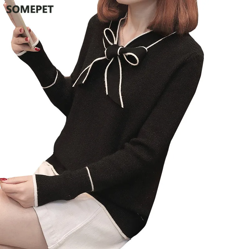 

Women Sweaters Pullovers Bow Tie Knitted Clothes New Spring Autumn Warm Loose Long Sleeve Casual Slim Tops Female