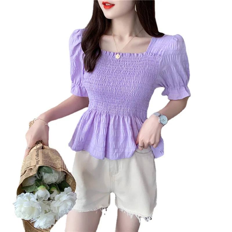 

Summer White Top Women Sweet Square Neck Long Puff Sleeve Ruched Drawstring Crop Top Spring Casual Woman Party Blouse 2020 New