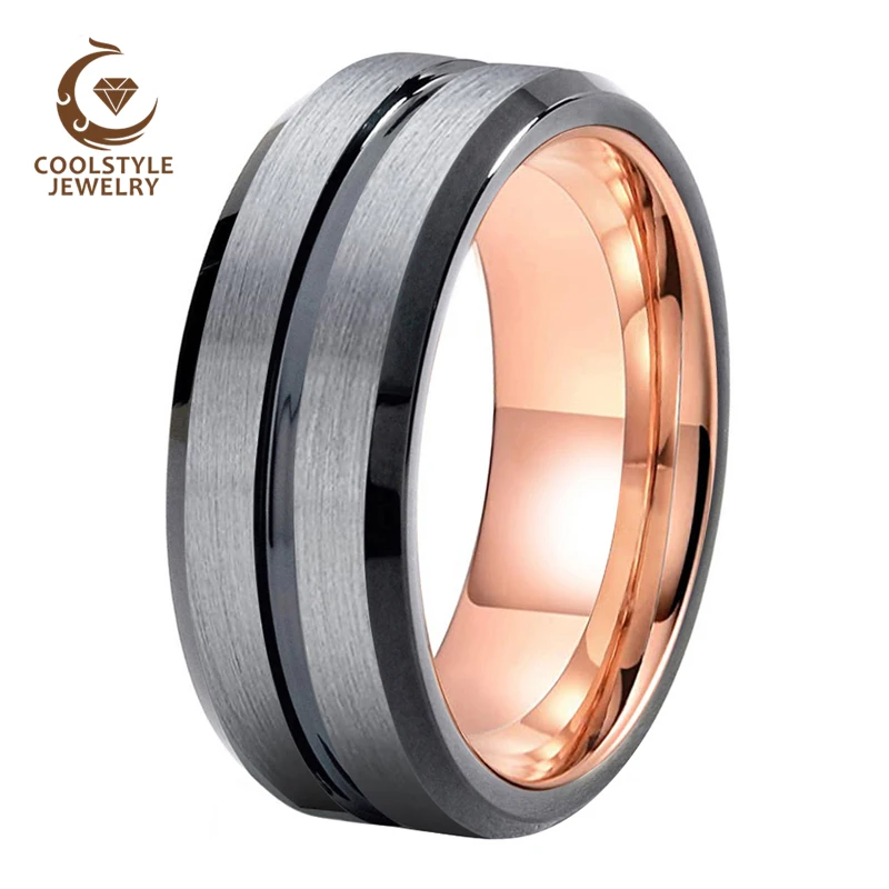 

8MM Tungsten Wedding Band For Men And Women Black Rose Gold Ring With Center Grooved Beveled Edges Comfort Fit
